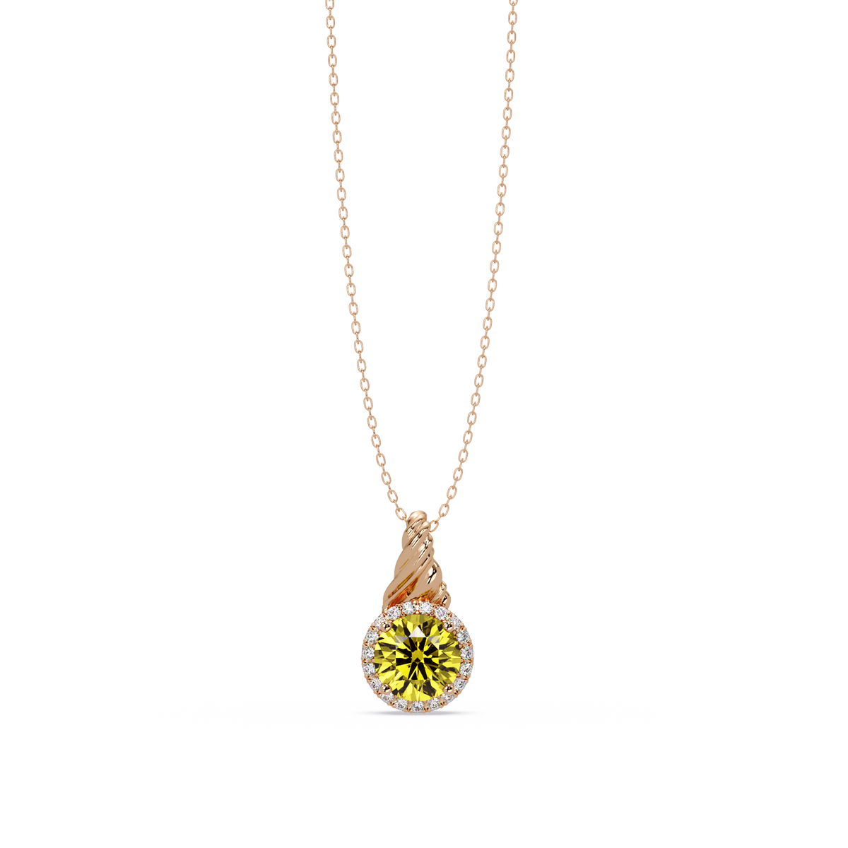 0.9 CTW Round Rope Bail Halo Colorstone Pendant Necklace - Citrine Lemon Yellow - 14K Rose Gold