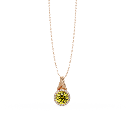 0.9 CTW Round Rope Bail Halo Colorstone Pendant Necklace - Citrine Lemon Yellow - 14K Rose Gold