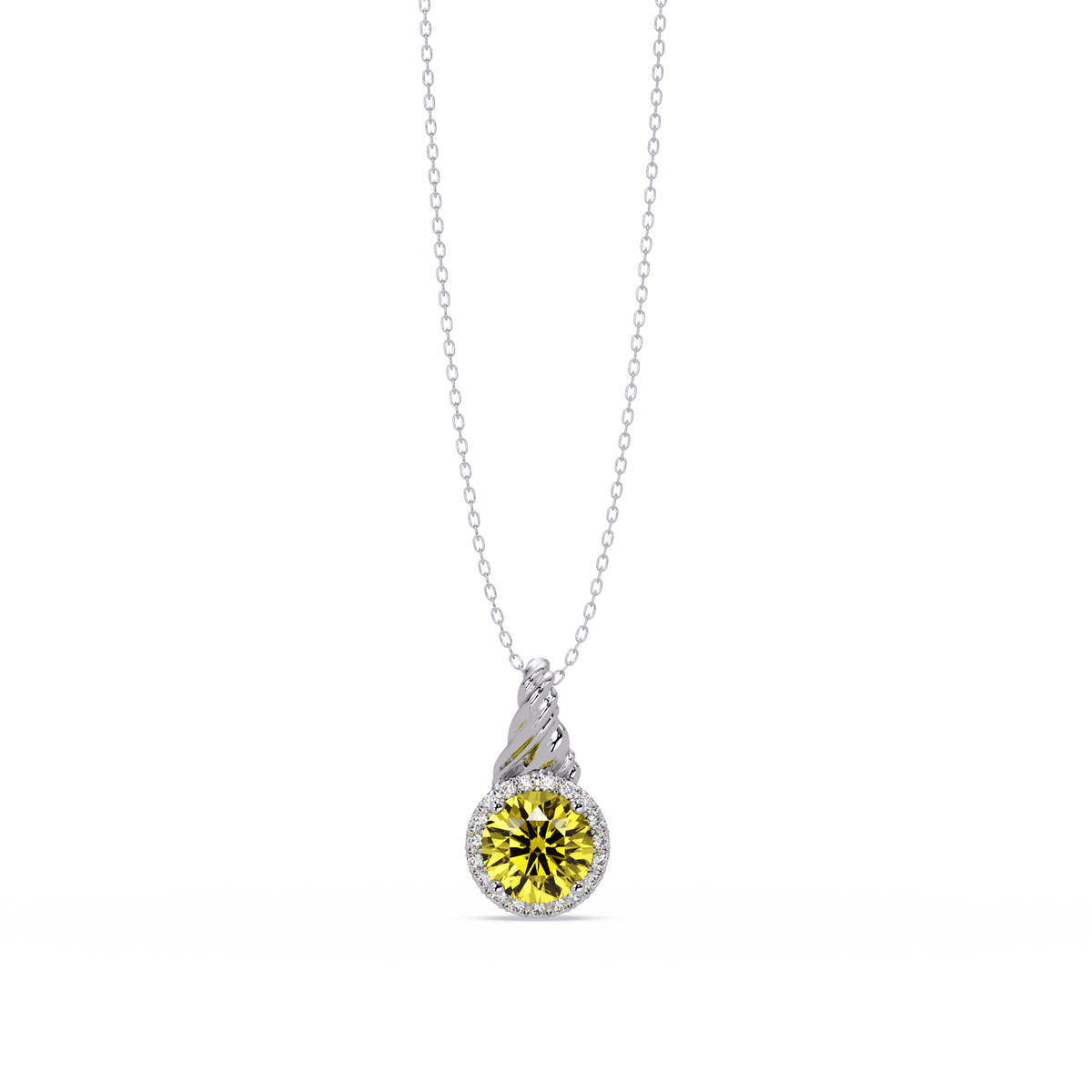 0.9 CTW Round Rope Bail Halo Colorstone Pendant Necklace - Citrine Lemon Yellow - 14K White Gold