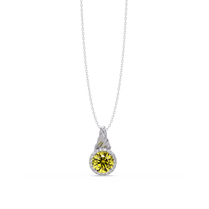 0.9 CTW Round Rope Bail Halo Colorstone Pendant Necklace - Citrine Lemon Yellow - 14K White Gold
