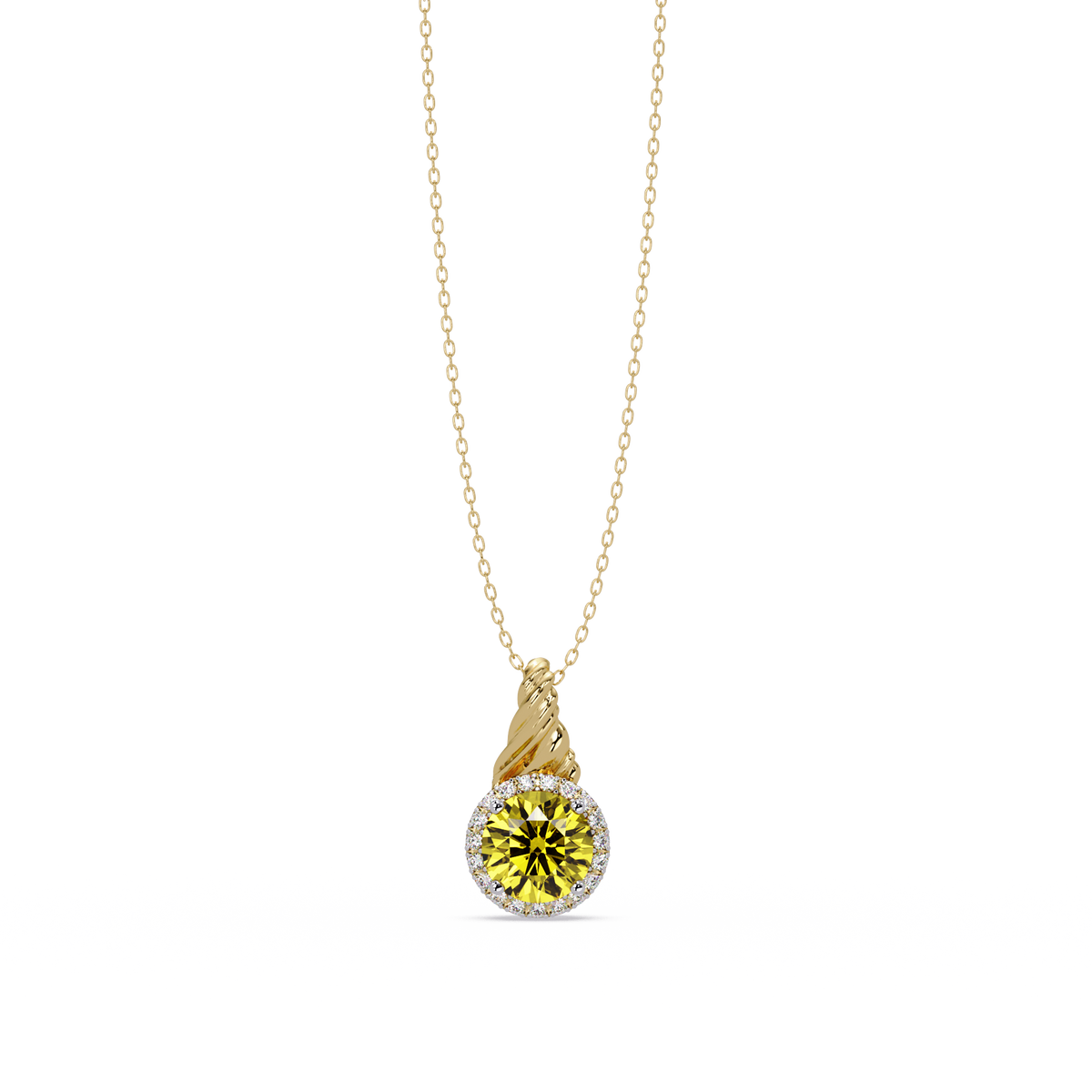 0.9 CTW Round Rope Bail Halo Colorstone Pendant Necklace - Citrine Lemon Yellow - 14K Yellow Gold
