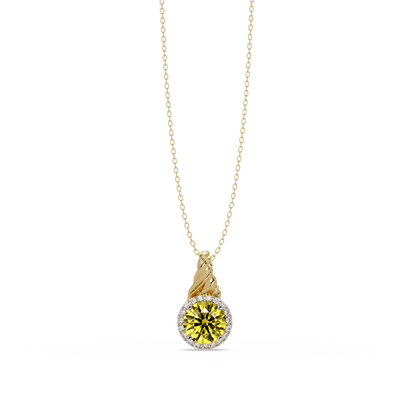 0.9 CTW Round Rope Bail Halo Colorstone Pendant Necklace - Citrine Lemon Yellow - 14K Yellow Gold