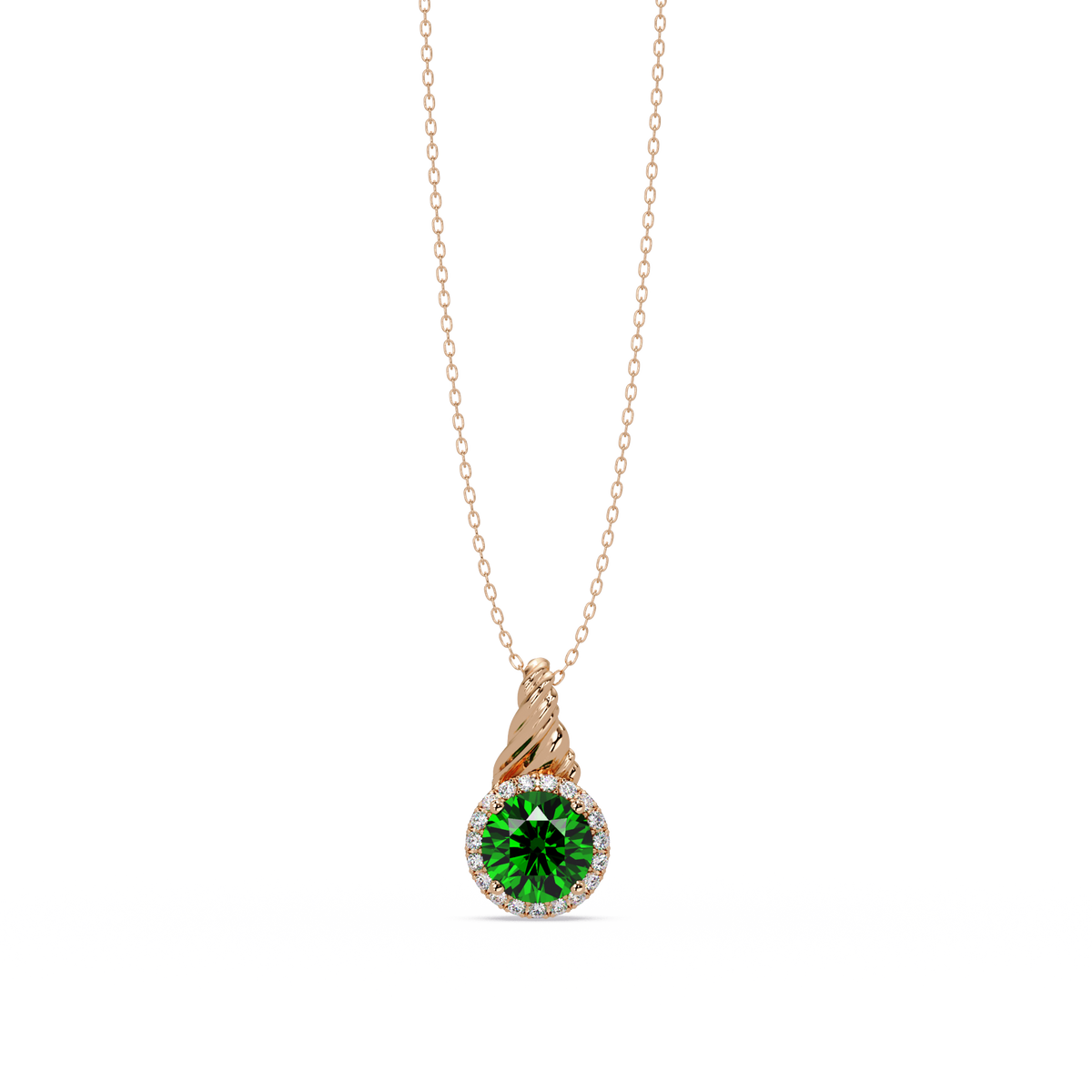 0.9 CTW Round Rope Bail Halo Colorstone Pendant Necklace - Emerald Deep Green - 14K Rose Gold