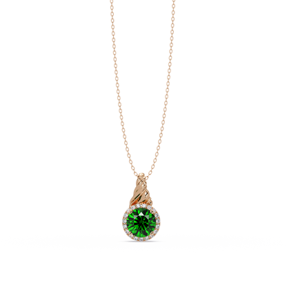 0.9 CTW Round Rope Bail Halo Colorstone Pendant Necklace - Emerald Deep Green - 14K Rose Gold