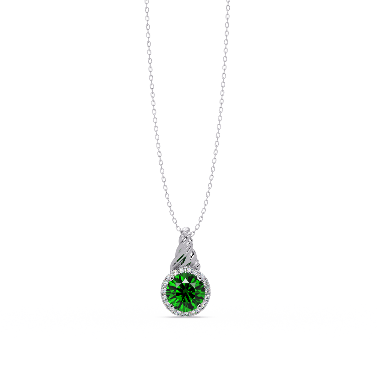 0.9 CTW Round Rope Bail Halo Colorstone Pendant Necklace - Emerald Deep Green - 14K White Gold