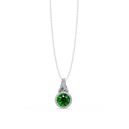 0.9 CTW Round Rope Bail Halo Colorstone Pendant Necklace - Emerald Deep Green - 14K White Gold