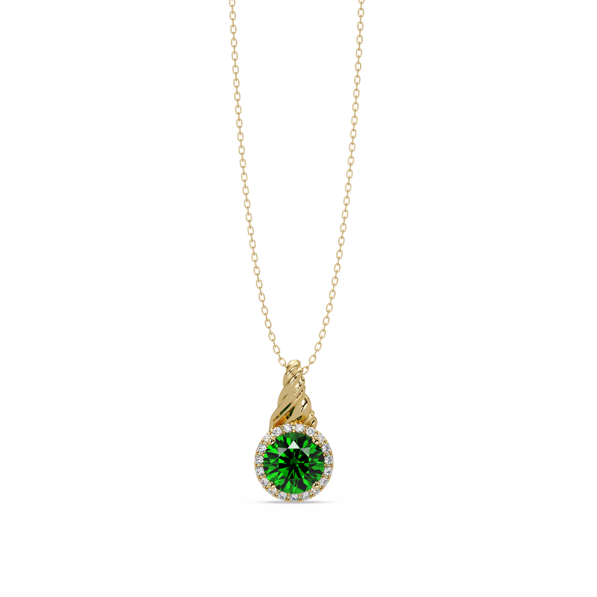 0.9 CTW Round Rope Bail Halo Colorstone Pendant Necklace - Emerald Deep Green - 14K Yellow Gold