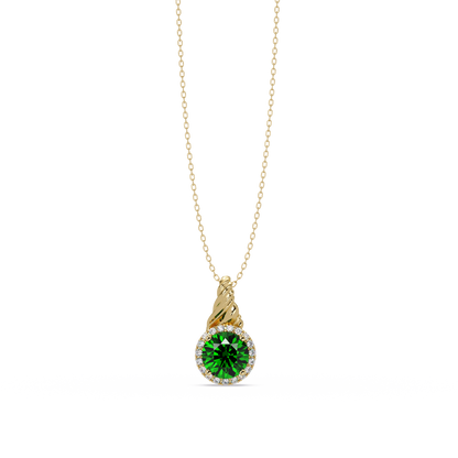 0.9 CTW Round Rope Bail Halo Colorstone Pendant Necklace - Emerald Deep Green - 14K Yellow Gold