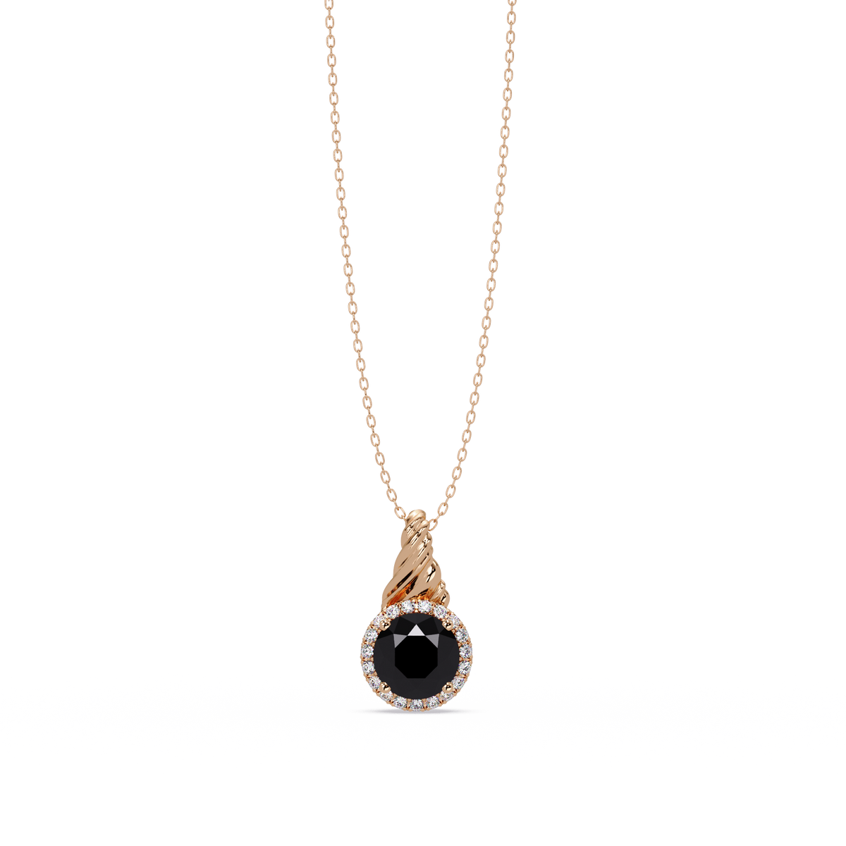 0.9 CTW Round Rope Bail Halo Colorstone Pendant Necklace - Onyx Black - 14K Rose Gold