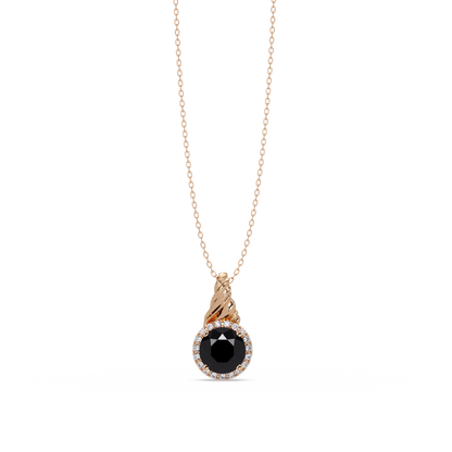 0.9 CTW Round Rope Bail Halo Colorstone Pendant Necklace - Onyx Black - 14K Rose Gold