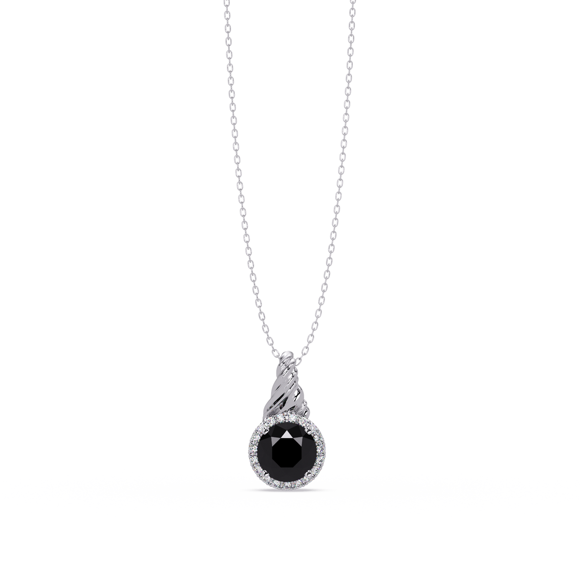 0.9 CTW Round Rope Bail Halo Colorstone Pendant Necklace - Onyx Black - 14K White Gold