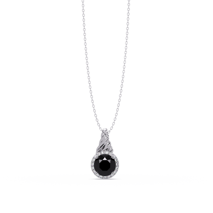 0.9 CTW Round Rope Bail Halo Colorstone Pendant Necklace - Onyx Black - 14K White Gold
