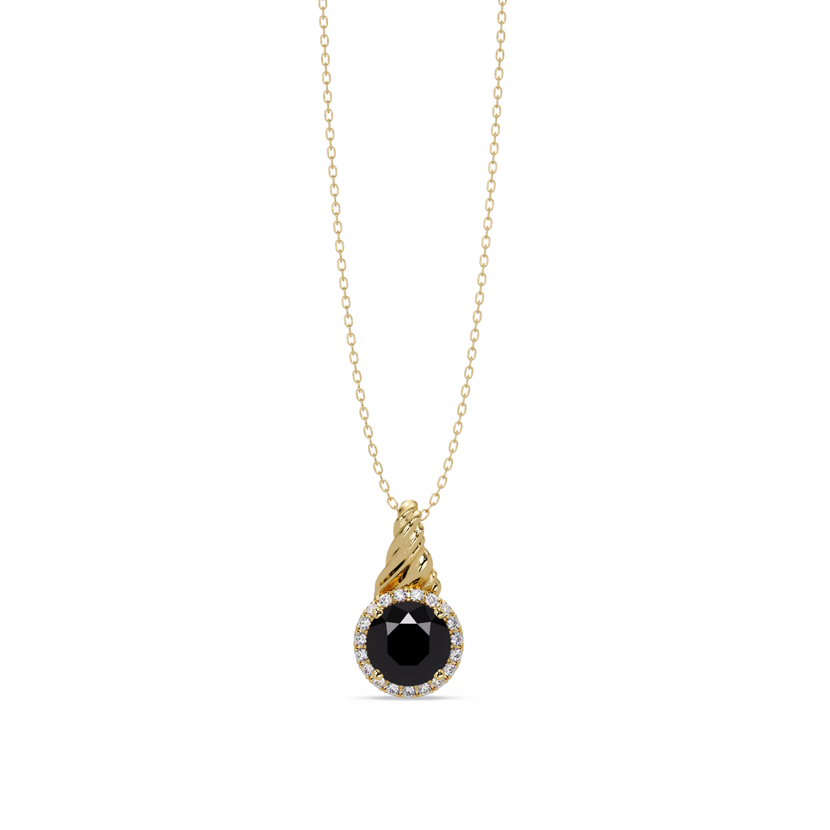 0.9 CTW Round Rope Bail Halo Colorstone Pendant Necklace - Onyx Black - 14K Yellow Gold