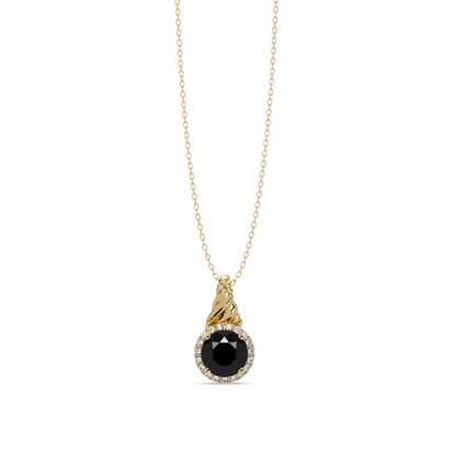 0.9 CTW Round Rope Bail Halo Colorstone Pendant Necklace - Onyx Black - 14K Yellow Gold