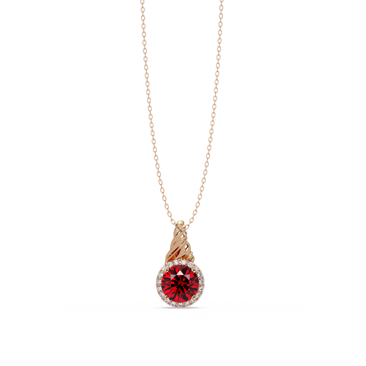 0.9 CTW Round Rope Bail Halo Colorstone Pendant Necklace - Ruby Deep Red - 14K Rose Gold