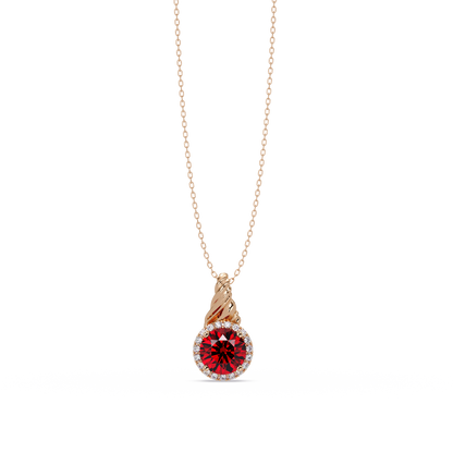 0.9 CTW Round Rope Bail Halo Colorstone Pendant Necklace - Ruby Deep Red - 14K Rose Gold