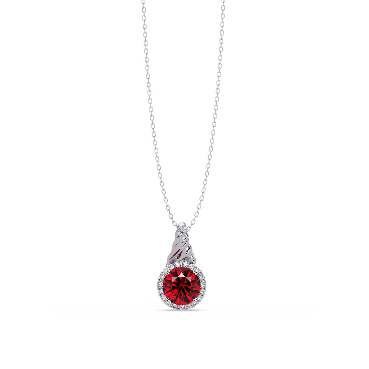 0.9 CTW Round Rope Bail Halo Colorstone Pendant Necklace - Ruby Deep Red - 14K White Gold