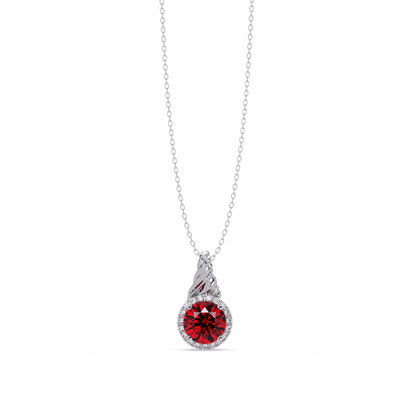 0.9 CTW Round Rope Bail Halo Colorstone Pendant Necklace - Ruby Deep Red - 14K White Gold