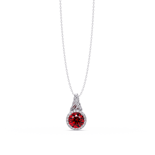 0.9 CTW Round Rope Bail Halo Colorstone Pendant Necklace - Ruby Deep Red - 14K White Gold