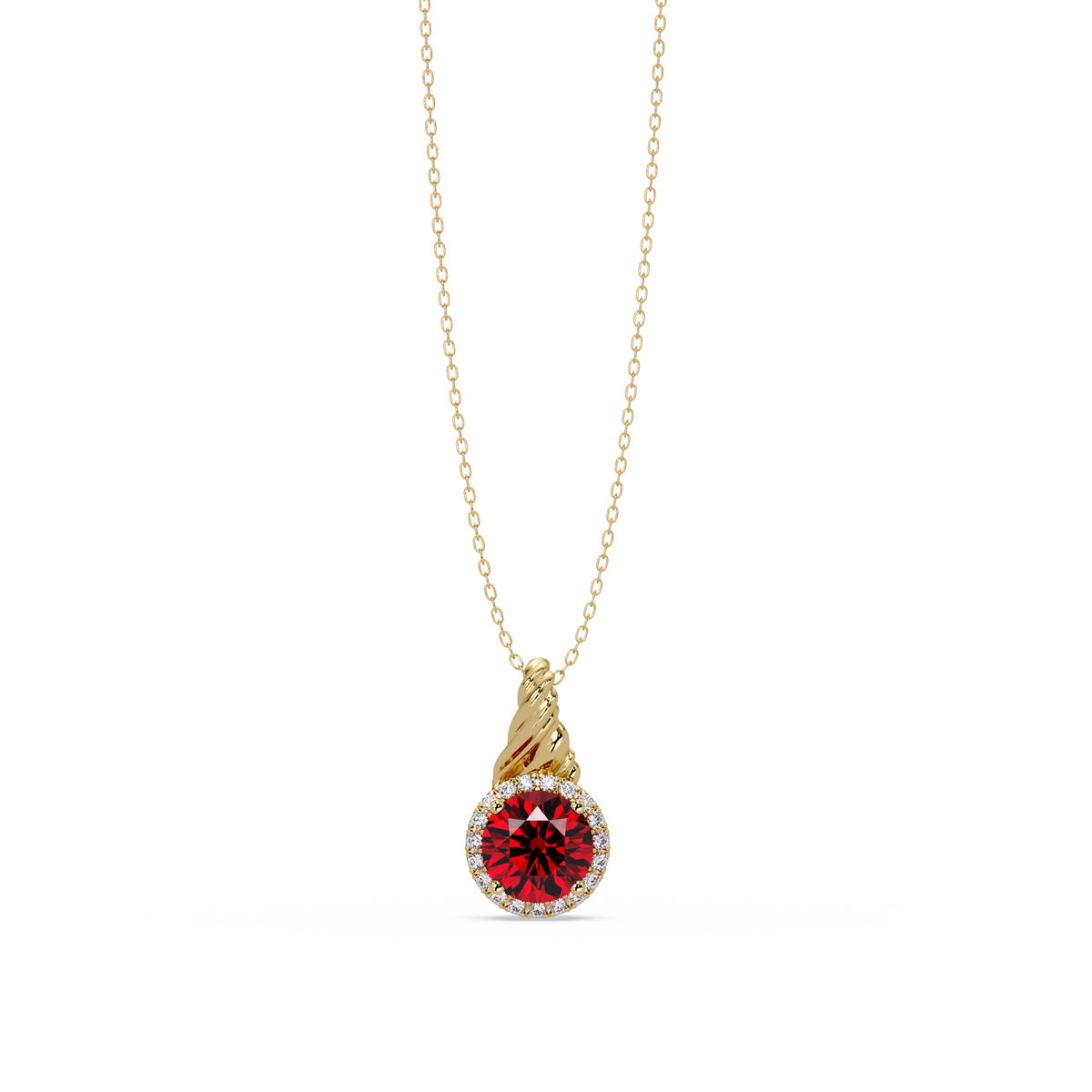 0.9 CTW Round Rope Bail Halo Colorstone Pendant Necklace - Ruby Deep Red - 14K Yellow Gold