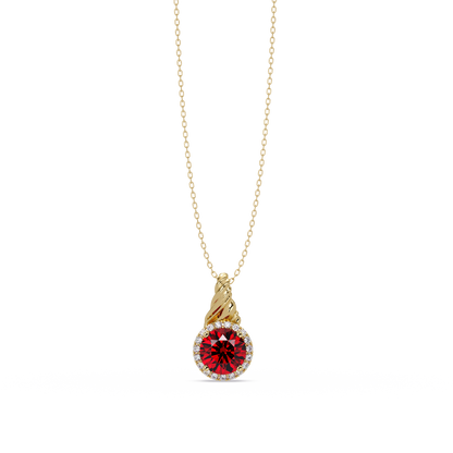 0.9 CTW Round Rope Bail Halo Colorstone Pendant Necklace - Ruby Deep Red - 14K Yellow Gold