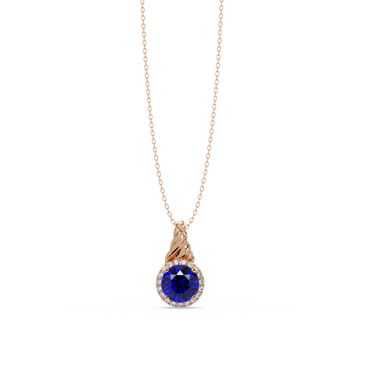 0.9 CTW Round Rope Bail Halo Colorstone Pendant Necklace - Sapphire Royal Blue - 14K Rose Gold