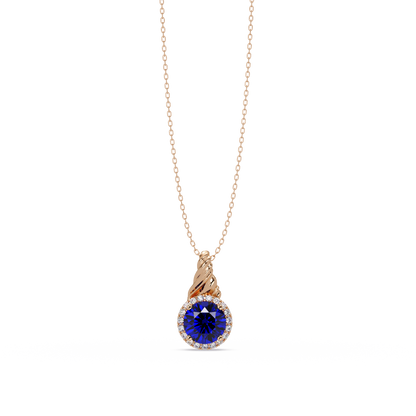 0.9 CTW Round Rope Bail Halo Colorstone Pendant Necklace - Sapphire Royal Blue - 14K Rose Gold