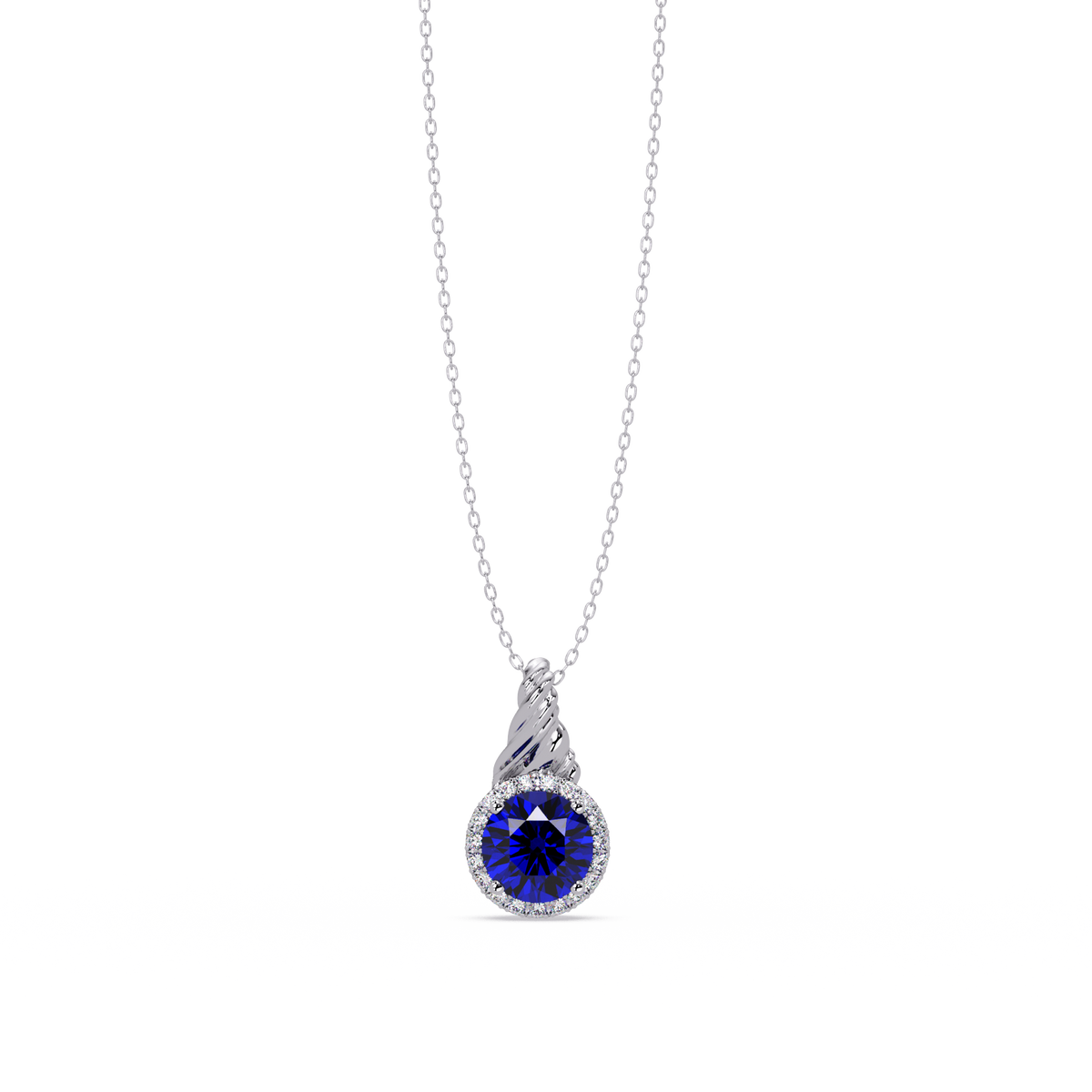 0.9 CTW Round Rope Bail Halo Colorstone Pendant Necklace - Sapphire Royal Blue - 14K White Gold