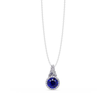 0.9 CTW Round Rope Bail Halo Colorstone Pendant Necklace - Sapphire Royal Blue - 14K White Gold