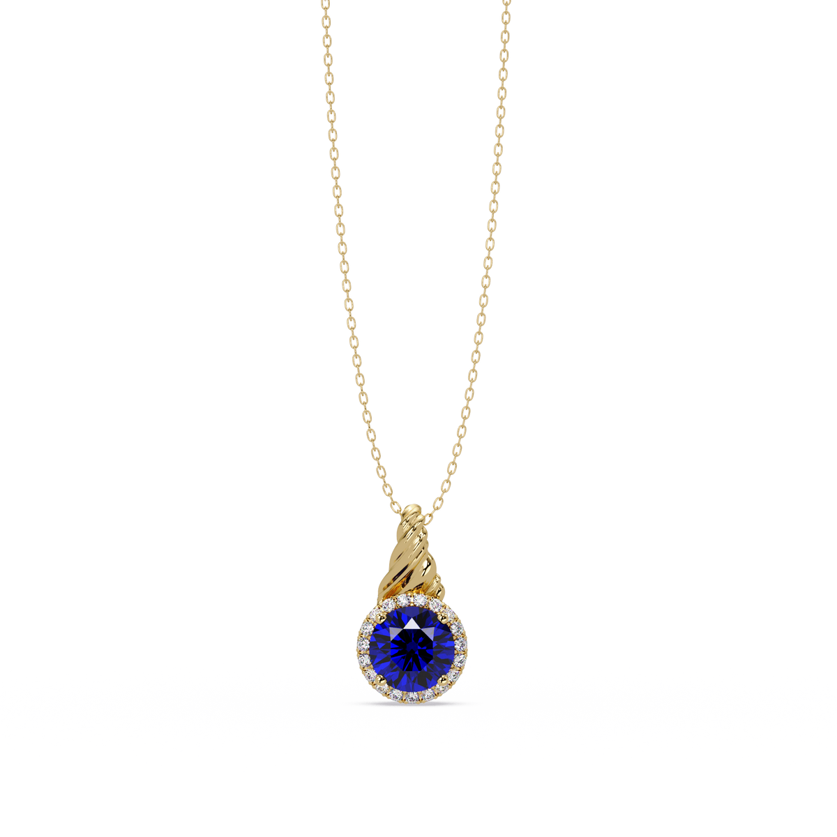 0.9 CTW Round Rope Bail Halo Colorstone Pendant Necklace - Sapphire Royal Blue - 14K Yellow Gold