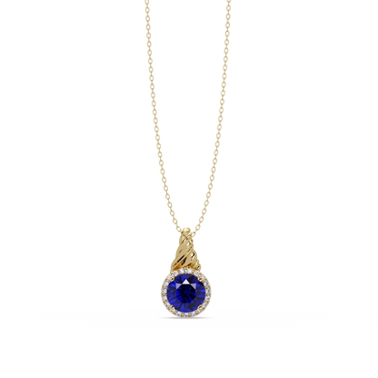 0.9 CTW Round Rope Bail Halo Colorstone Pendant Necklace - Sapphire Royal Blue - 14K Yellow Gold
