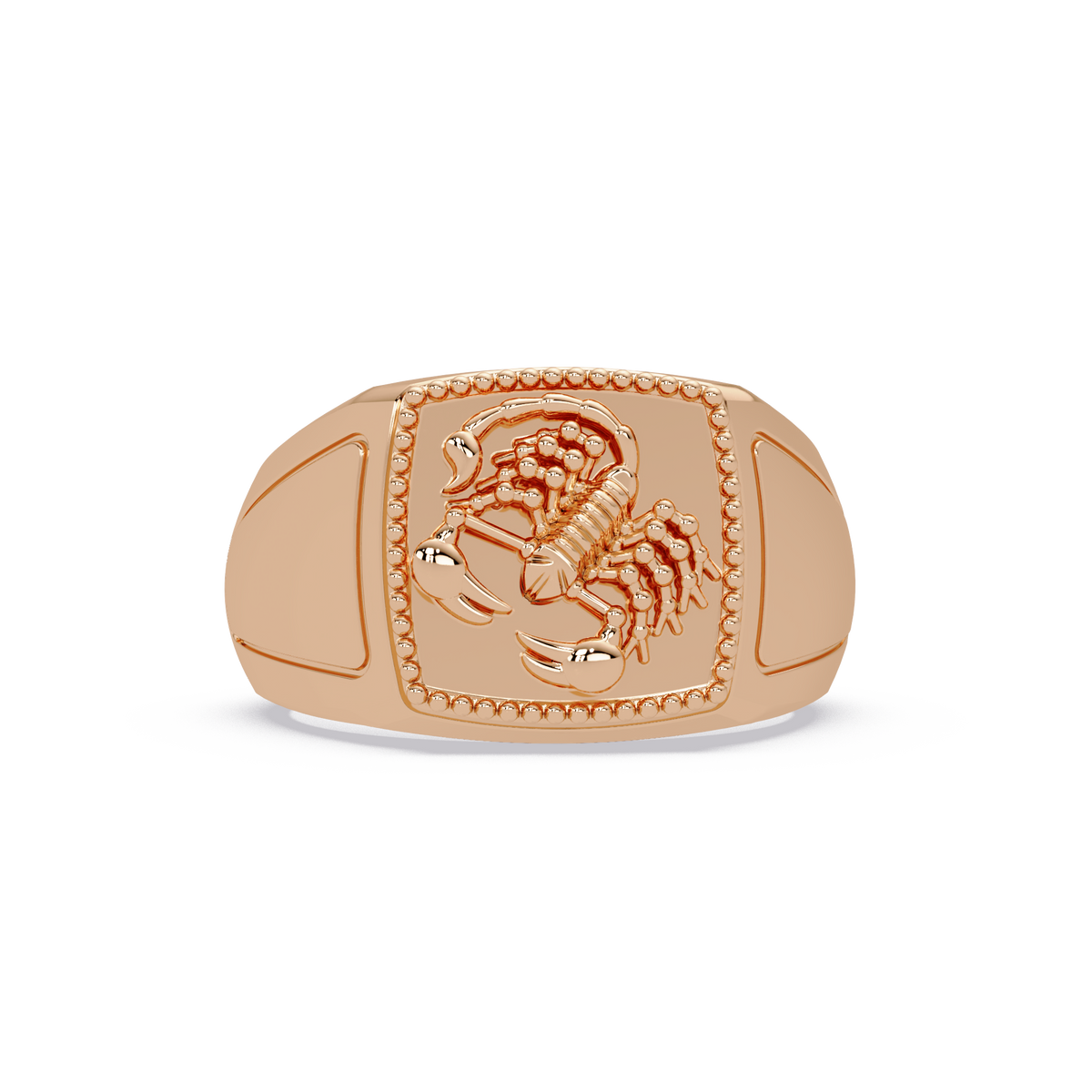 Sculptural Scorpion Signet Ring in Rose Gold, front view – Lunéa Paris