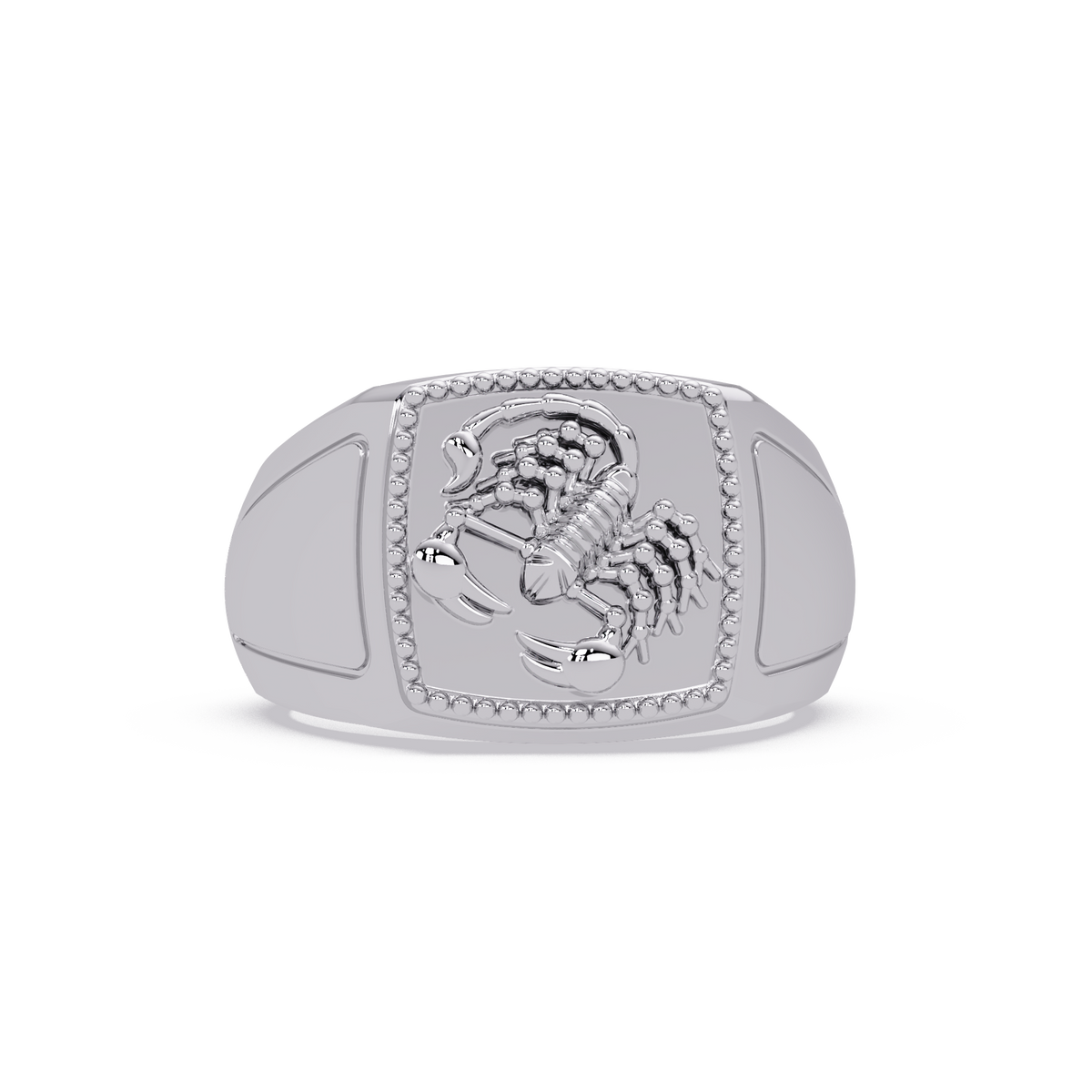 Sculptural Scorpion Signet Ring in White Gold, front view – Lunéa Paris