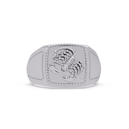 Sculptural Scorpion Signet Ring in White Gold, front view – Lunéa Paris