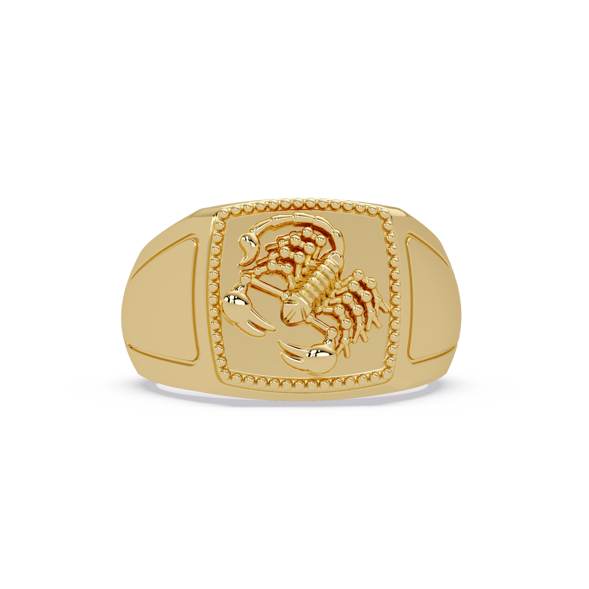 Sculptural Scorpion Signet Ring in Yellow Gold, front view – Lunéa Paris
