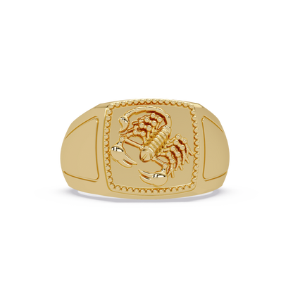 Sculptural Scorpion Signet Ring in Yellow Gold, front view – Lunéa Paris