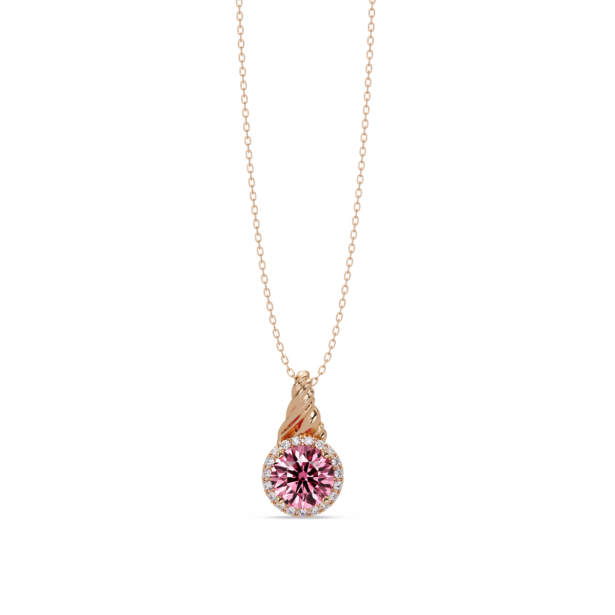 0.9 CTW Round Rope Bail Halo Colorstone Pendant Necklace - Tourmaline Rose Pink - 14K Rose Gold