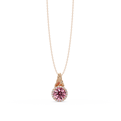 0.9 CTW Round Rope Bail Halo Colorstone Pendant Necklace - Tourmaline Rose Pink - 14K Rose Gold