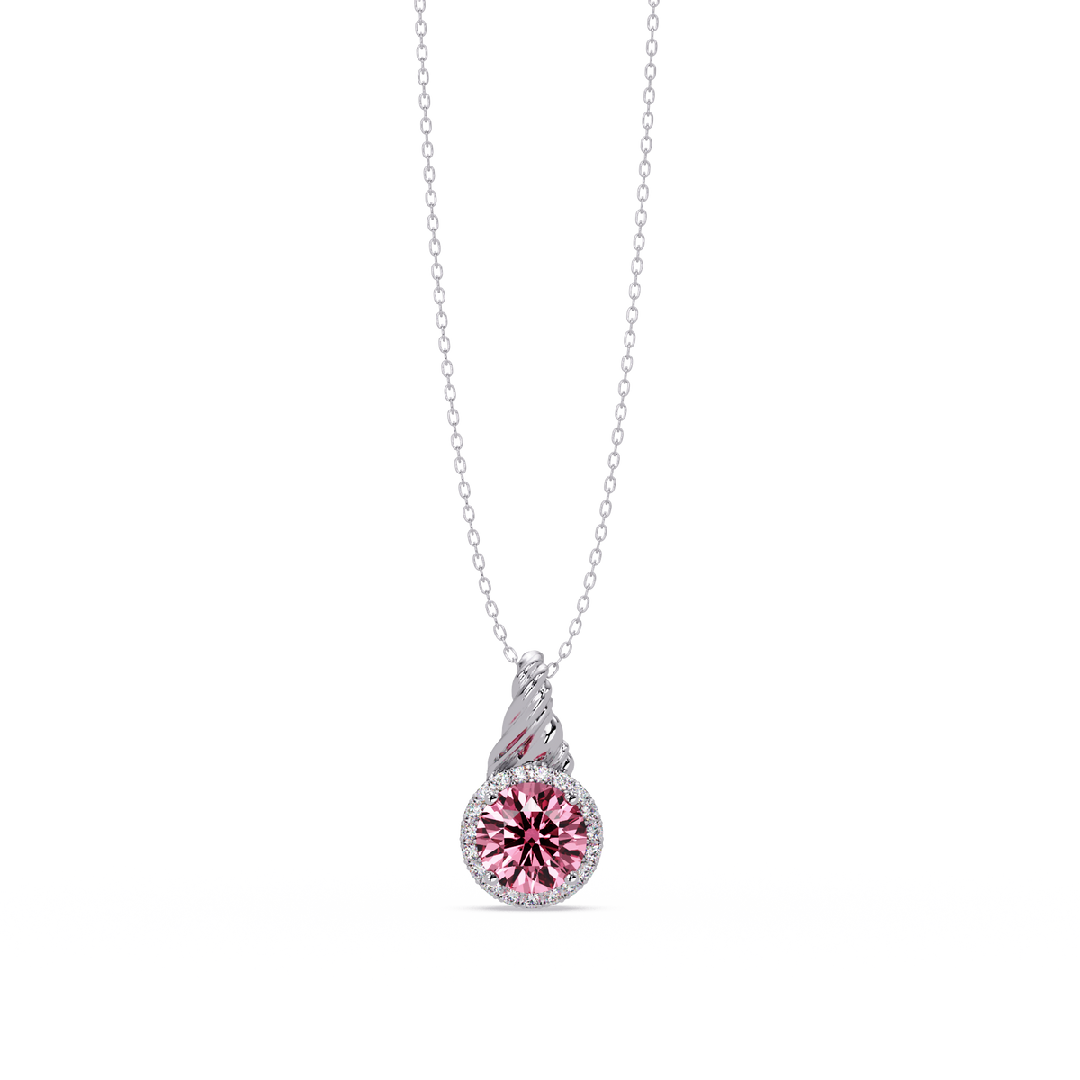 0.9 CTW Round Rope Bail Halo Colorstone Pendant Necklace - Tourmaline Rose Pink - 14K White Gold