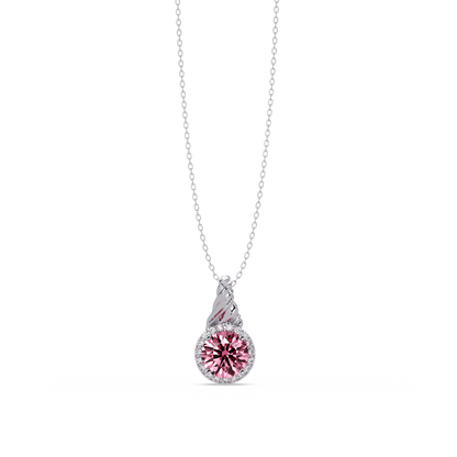 0.9 CTW Round Rope Bail Halo Colorstone Pendant Necklace - Tourmaline Rose Pink - 14K White Gold