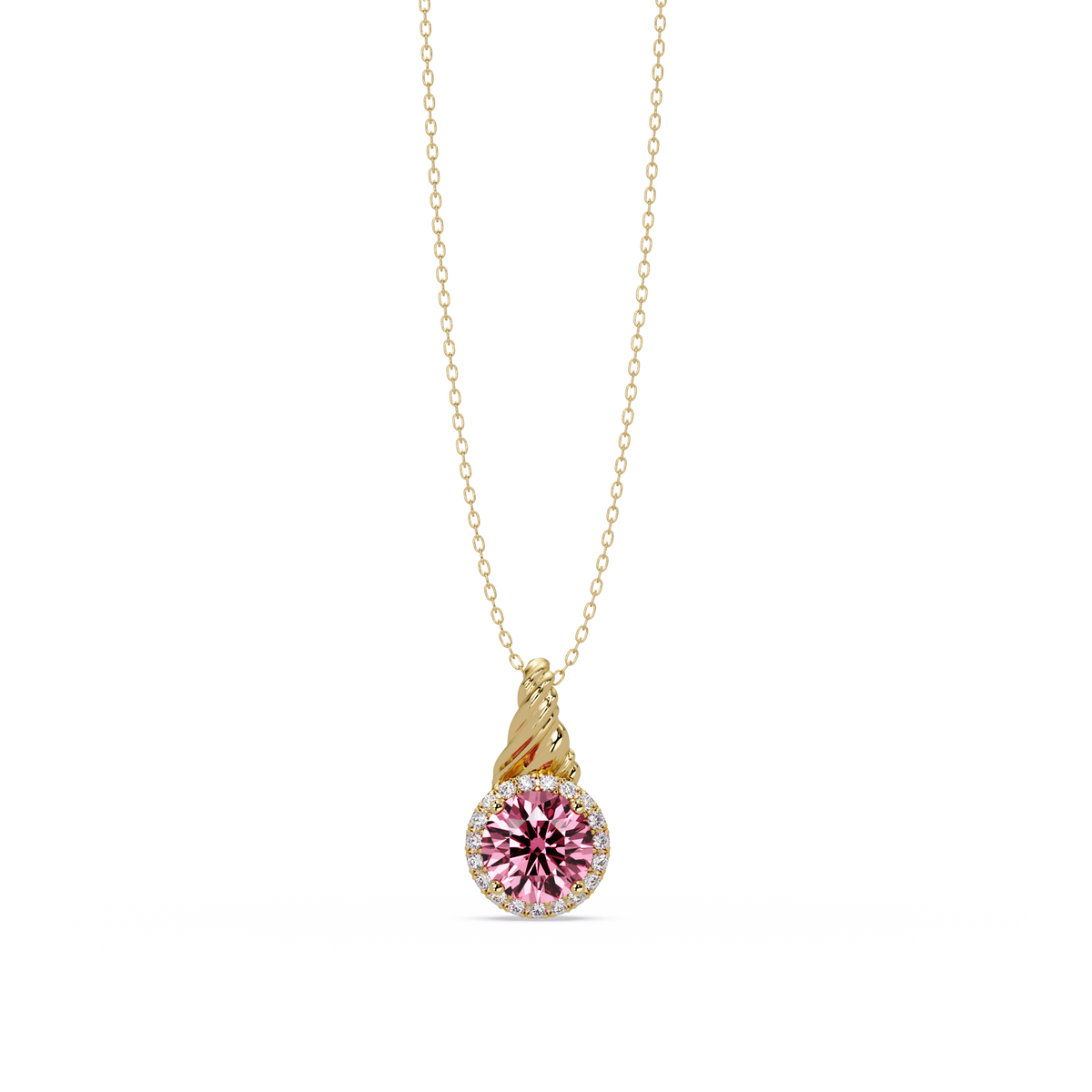0.9 CTW Round Rope Bail Halo Colorstone Pendant Necklace - Tourmaline Rose Pink - 14K Yellow Gold