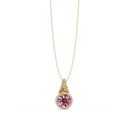 0.9 CTW Round Rope Bail Halo Colorstone Pendant Necklace - Tourmaline Rose Pink - 14K Yellow Gold