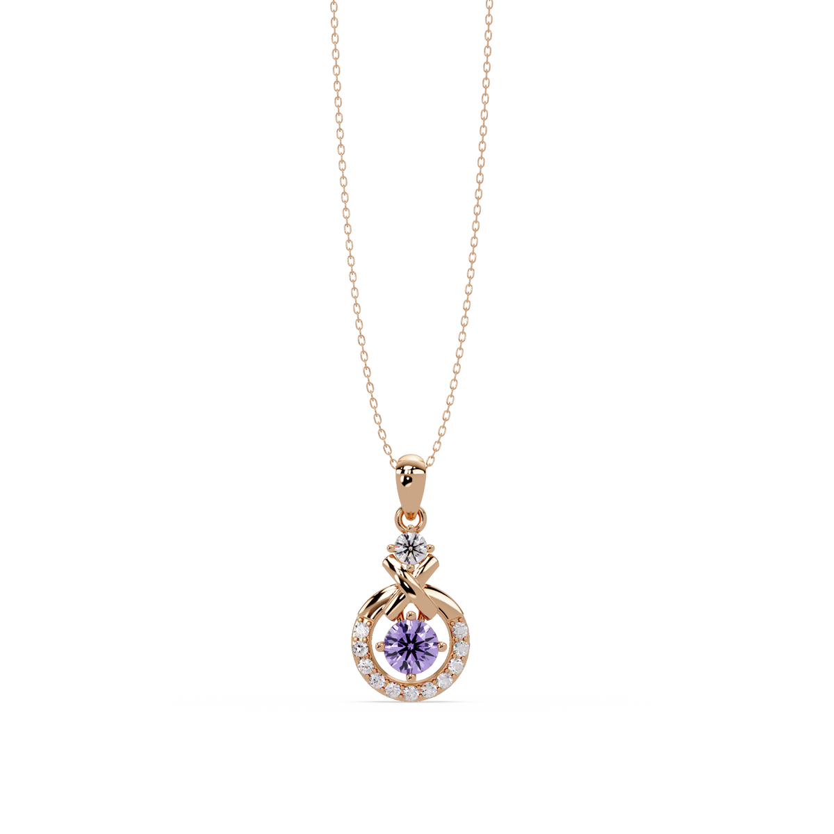 0.6 CTW Round Infinity Halo Colorstone Pendant Necklace - Amethyst Lavender - 14K Rose Gold
