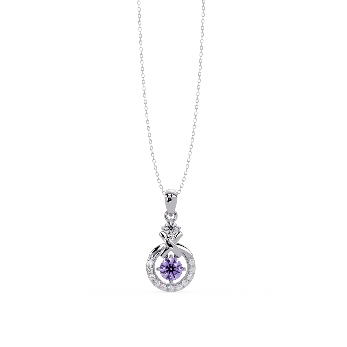 0.6 CTW Round Infinity Halo Colorstone Pendant Necklace - Amethyst Lavender - 14K White Gold