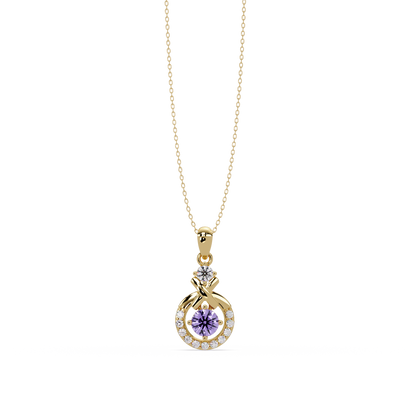 0.6 CTW Round Infinity Halo Colorstone Pendant Necklace - Amethyst Lavender - 14K Yellow Gold