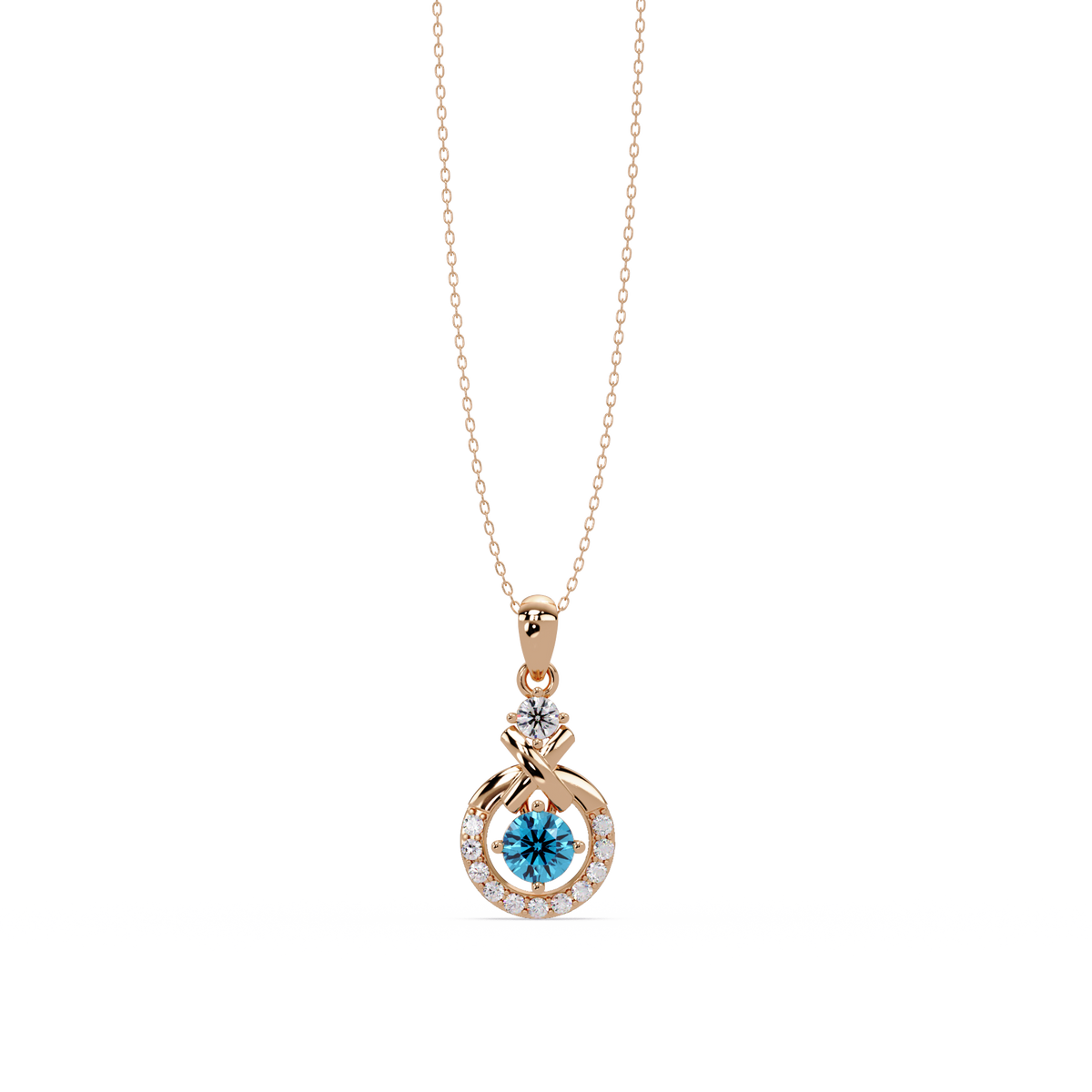 0.6 CTW Round Infinity Halo Colorstone Pendant Necklace - Aquamarine Sky Blue - 14K Rose Gold