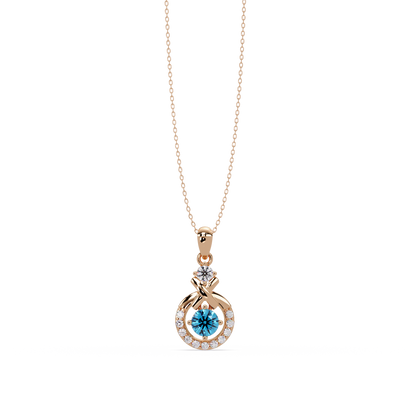 0.6 CTW Round Infinity Halo Colorstone Pendant Necklace - Aquamarine Sky Blue - 14K Rose Gold