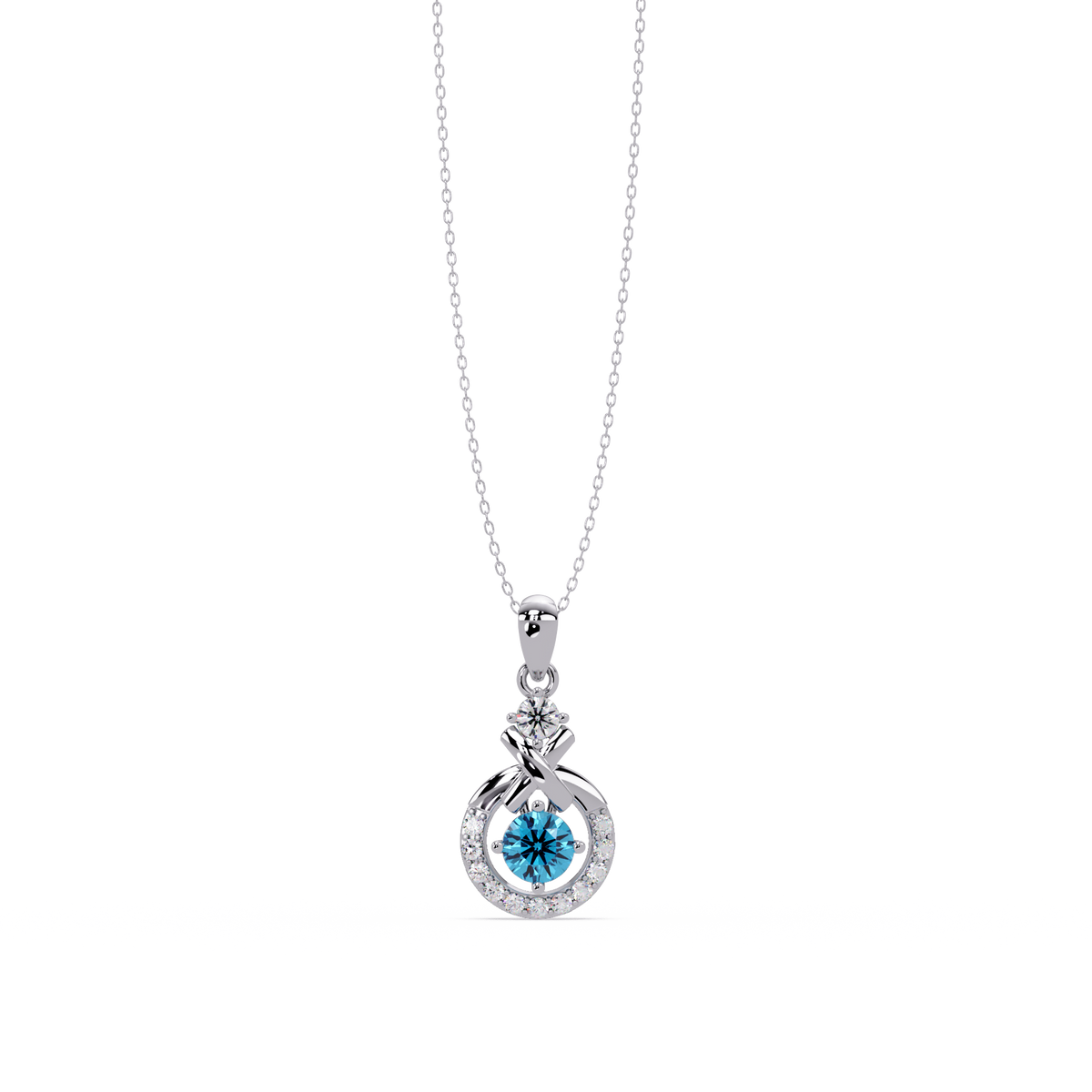 0.6 CTW Round Infinity Halo Colorstone Pendant Necklace - Aquamarine Sky Blue - 14K White Gold