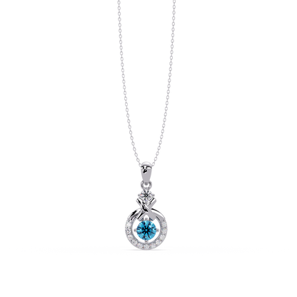 0.6 CTW Round Infinity Halo Colorstone Pendant Necklace - Aquamarine Sky Blue - 14K White Gold
