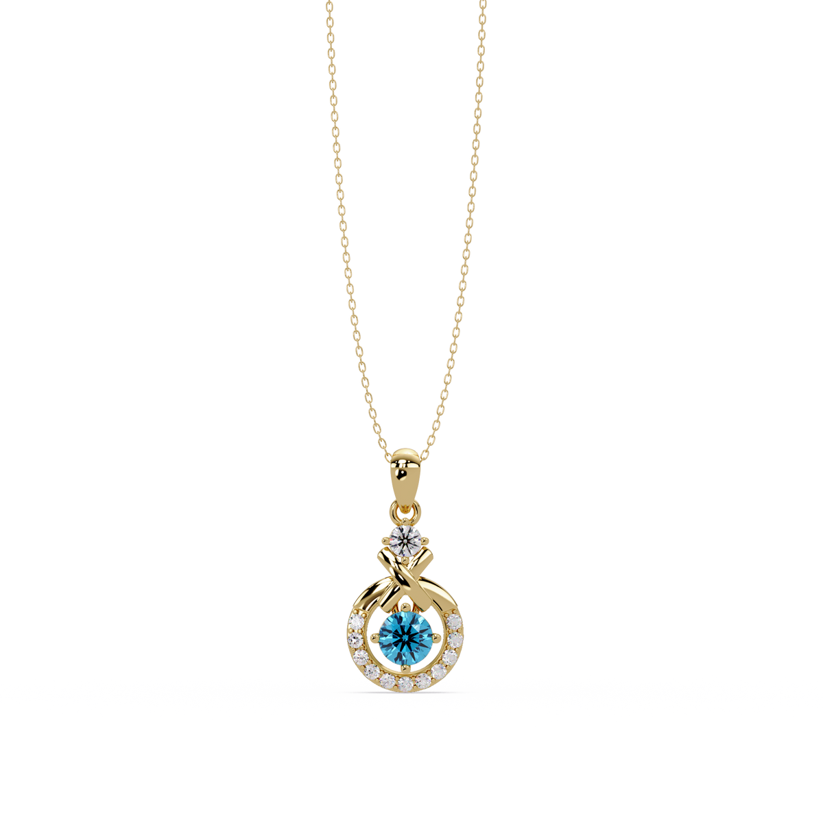 0.6 CTW Round Infinity Halo Colorstone Pendant Necklace - Aquamarine Sky Blue - 14K Yellow Gold